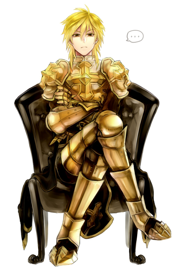 ... 1boy armor armored_boots bangs black_cape blonde_hair boots breastplate brown_eyes cape chair closed_mouth commentary_request cross crossed_arms crossed_legs eyebrows_visible_through_hair full_body gauntlets hair_between_eyes leg_armor looking_at_viewer lord_knight_(ragnarok_online) male_focus medium_hair pauldrons ragnarok_online retgra shoulder_armor simple_background solo spiked_gauntlets spoken_ellipsis tabard white_background