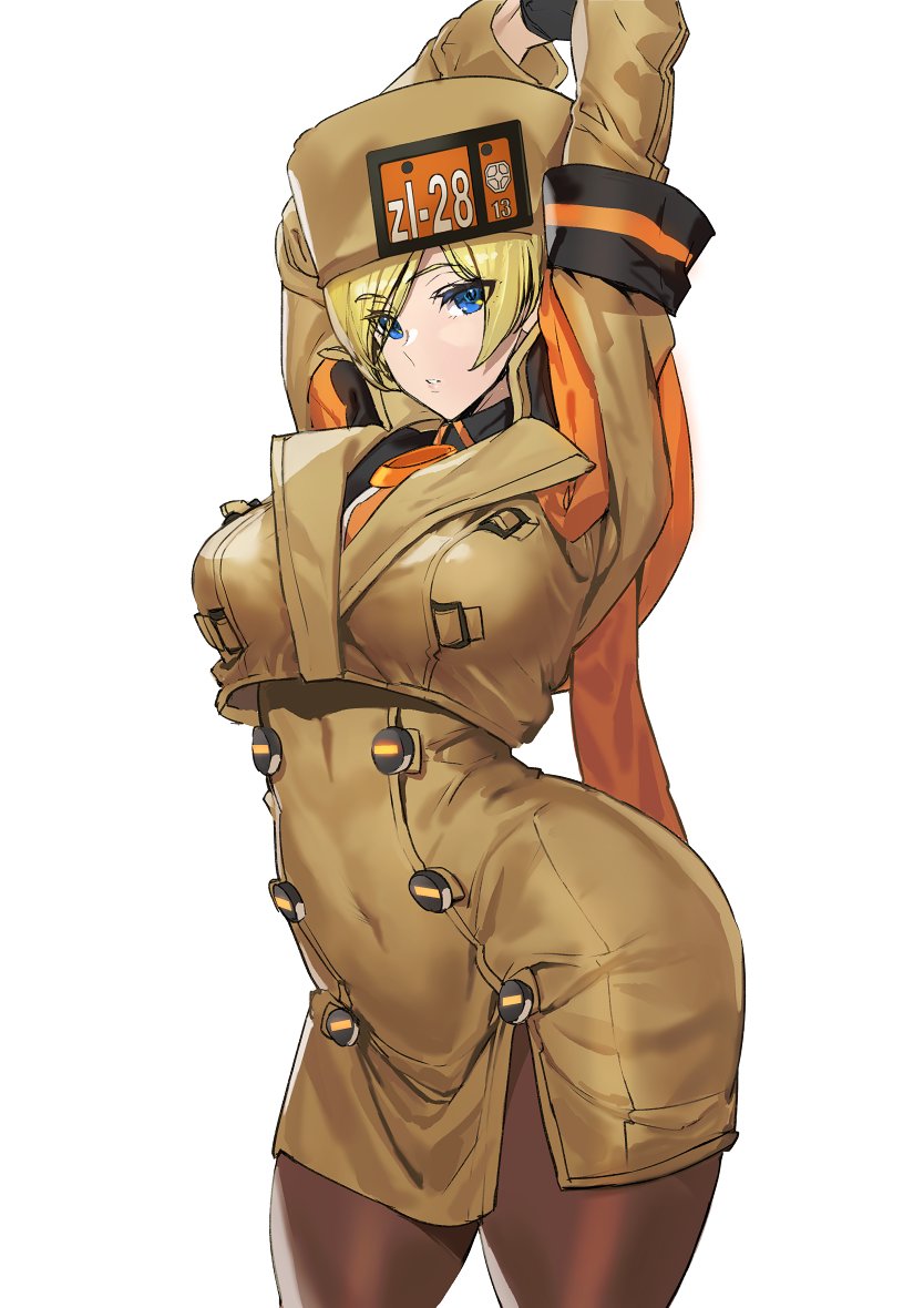 1girl arm_scarf arms_up ashiomi_masato bangs black_gloves blonde_hair blue_eyes breasts brown_coat brown_headwear buttons coat eyebrows_visible_through_hair fur_hat gloves guilty_gear guilty_gear_strive hair_between_eyes hat large_breasts leggings looking_at_viewer millia_rage short_hair simple_background solo standing thigh-highs ushanka white_background wide_hips