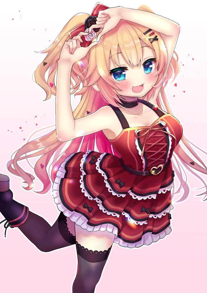 1girl :d akai_haato bare_arms bare_shoulders black_legwear blonde_hair blue_eyes blush bow breasts chocomarybadend collarbone cross-laced_clothes dress fang hair_bow hair_ornament hairclip heart heart_hands heart_necklace hololive large_breasts leg_up long_hair lying open_mouth playing_card_theme red_dress skin_fang smile solo two_side_up virtual_youtuber x_hair_ornament