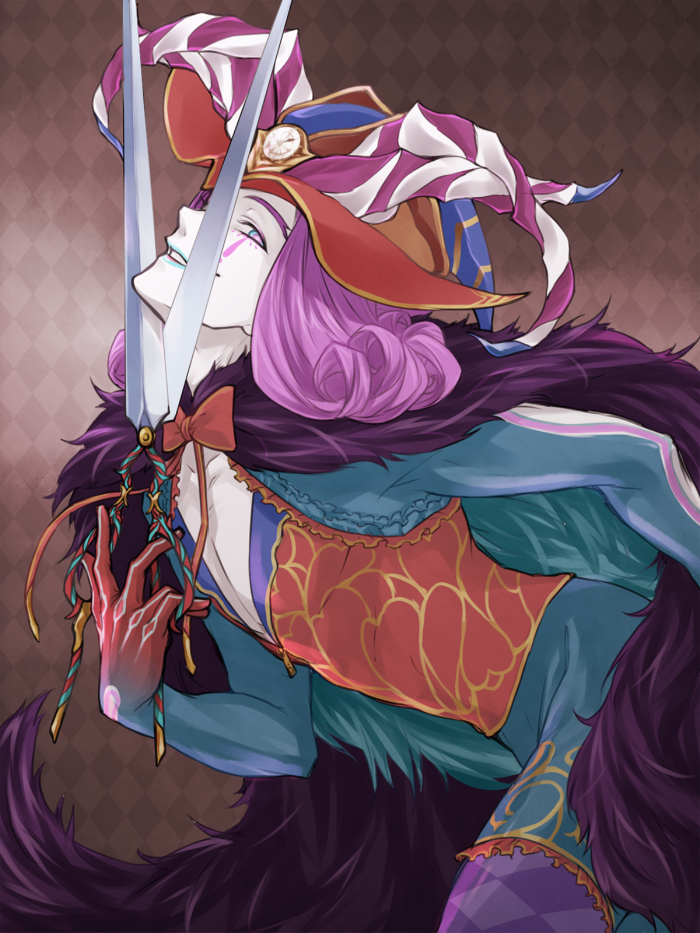 1boy argyle argyle_background argyle_legwear blue_eyes blue_lips bow bowtie cape center_opening colored_skin curly_hair fate/grand_order fate_(series) fur-trimmed_cape fur_collar fur_trim grin hat headpiece holding holding_scissors horns long_hair looking_to_the_side makeup medium_hair mephistopheles_(fate) mocollie multicolored multicolored_eyes multiple_tails pale_skin pantyhose purple_hair red_bow scissors smile tail teardrop teeth thick_eyebrows thick_thighs thighs toned toned_male unzipped violet_eyes white_skin