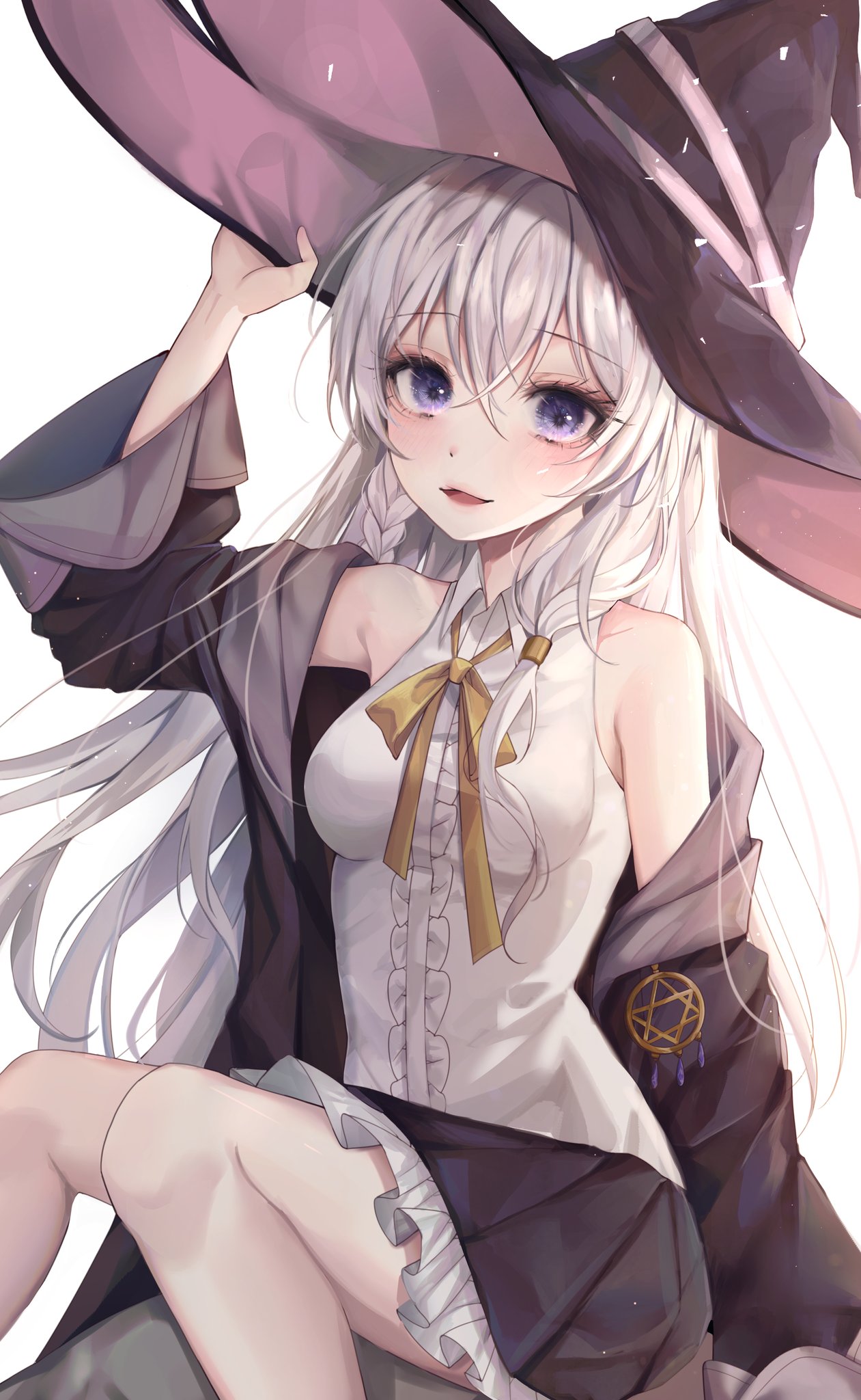 1girl bangs bare_shoulders black_headwear black_robe black_skirt blush bow bowtie braid breasts collared_shirt commentary elaina_(majo_no_tabitabi) eyebrows_visible_through_hair hand_on_headwear hat hexagram highres long_hair long_sleeves majo_no_tabitabi medium_breasts moon_so_00 off_shoulder open_clothes open_robe pleated_skirt robe rock shirt sitting sitting_on_rock skirt solo white_hair white_shirt wide_sleeves witch witch_hat yellow_neckwear