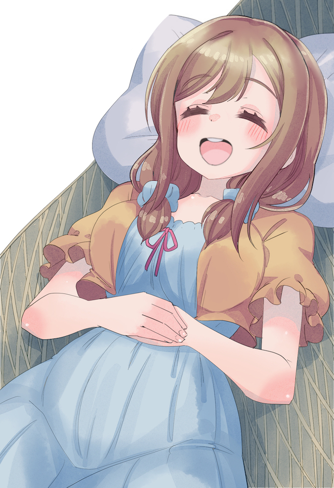 :d ^_^ bangs bed blue_dress blush_stickers breasts brown_hair cardigan closed_eyes cream_(nipakupa) dress eyebrows_visible_through_hair kunikida_hanamaru large_breasts long_hair love_live! love_live!_sunshine!! open_mouth pillow shirt short_twintails smile tight tight_dress twintails yellow_eyes yellow_shirt