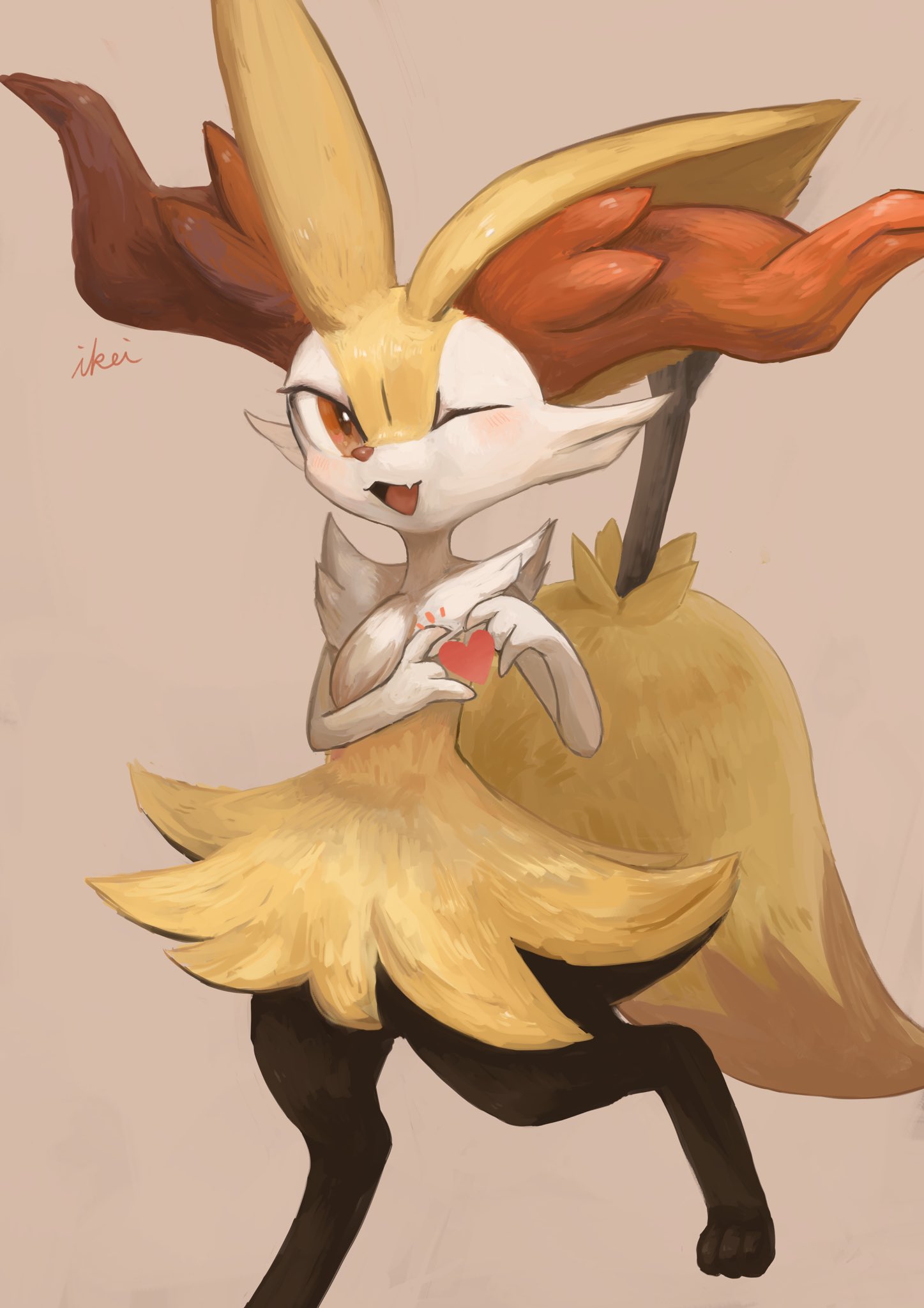 1girl :3 animal_ear_fluff animal_ears animal_nose artist_name black_fur blush body_fur braixen brown_background commentary english_commentary fang flat_chest fox_ears fox_girl fox_tail furry gen_6_pokemon hands_up happy heart heart_hands highres ikei jpeg_artifacts leg_up looking_at_viewer one_eye_closed open_mouth paws pokemon pokemon_(creature) red_eyes signature simple_background skin_fang smile snout solo standing standing_on_one_leg stick tail white_fur yellow_fur