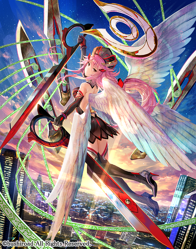 1girl angel_wings backless_dress backless_outfit black_dress black_footwear black_headwear black_legwear boots bushiroad character_name dress feathered_wings fuzichoco halo hat high_heel_boots high_heels holding holding_scissors long_hair looking_at_viewer low_ponytail pink_hair scissors sky skyline solo star_(sky) starry_sky sunset thigh-highs thigh_boots watermark weapon wings