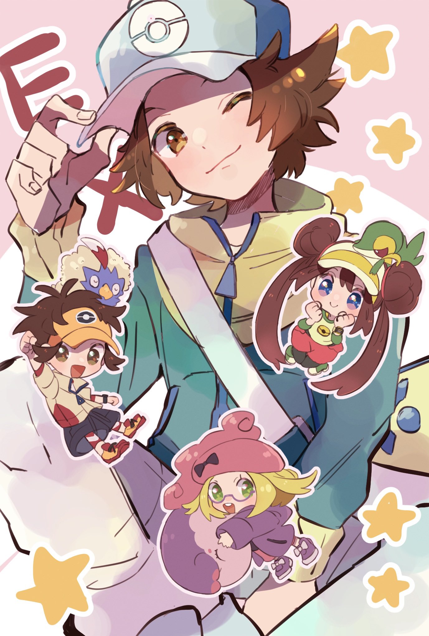 2boys 2girls :d arm_up bag bangs baseball_cap bianca_(pokemon) blonde_hair blush brown_eyes brown_hair chibi clenched_hands closed_mouth coat commentary_request double_bun eyelashes gen_5_pokemon glasses green_eyes green_jacket hair_tie hand_on_headwear hands_up hat highres hilbert_(pokemon) jacket long_hair multiple_boys multiple_girls musharna nate_(pokemon) ohds101 one_eye_closed open_mouth pokemon pokemon_(creature) pokemon_(game) pokemon_bw pokemon_bw2 pokemon_masters_ex purple_coat rosa_(pokemon) rufflet shoes shorts shoulder_bag smile sneakers snivy star_(symbol) tied_hair tongue twintails visor_cap zipper_pull_tab
