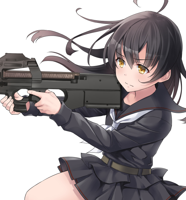 1girl ahoge bangs black_hair black_sailor_collar black_serafuku black_skirt bullpup closed_mouth commission gun holding holding_gun holding_weapon kantai_collection long_hair long_sleeves mikazuki_(kancolle) neckerchief p90 pleated_skirt sailor_collar school_uniform serafuku simple_background skeb_commission skirt solo submachine_gun u0709 weapon white_background white_neckwear yellow_eyes