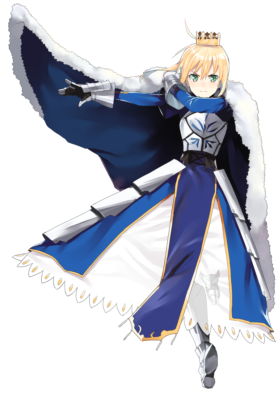 1girl ahoge armor armored_boots armored_dress artoria_pendragon_(all) blonde_hair blue_cape boots cape clip_studio_paint_(medium) crown dress fate/stay_night fate_(series) fur-trimmed_cape fur_trim gauntlets greaves green_eyes hair_between_eyes highres looking_at_viewer pinch_(nesume) saber solo translucent white_background