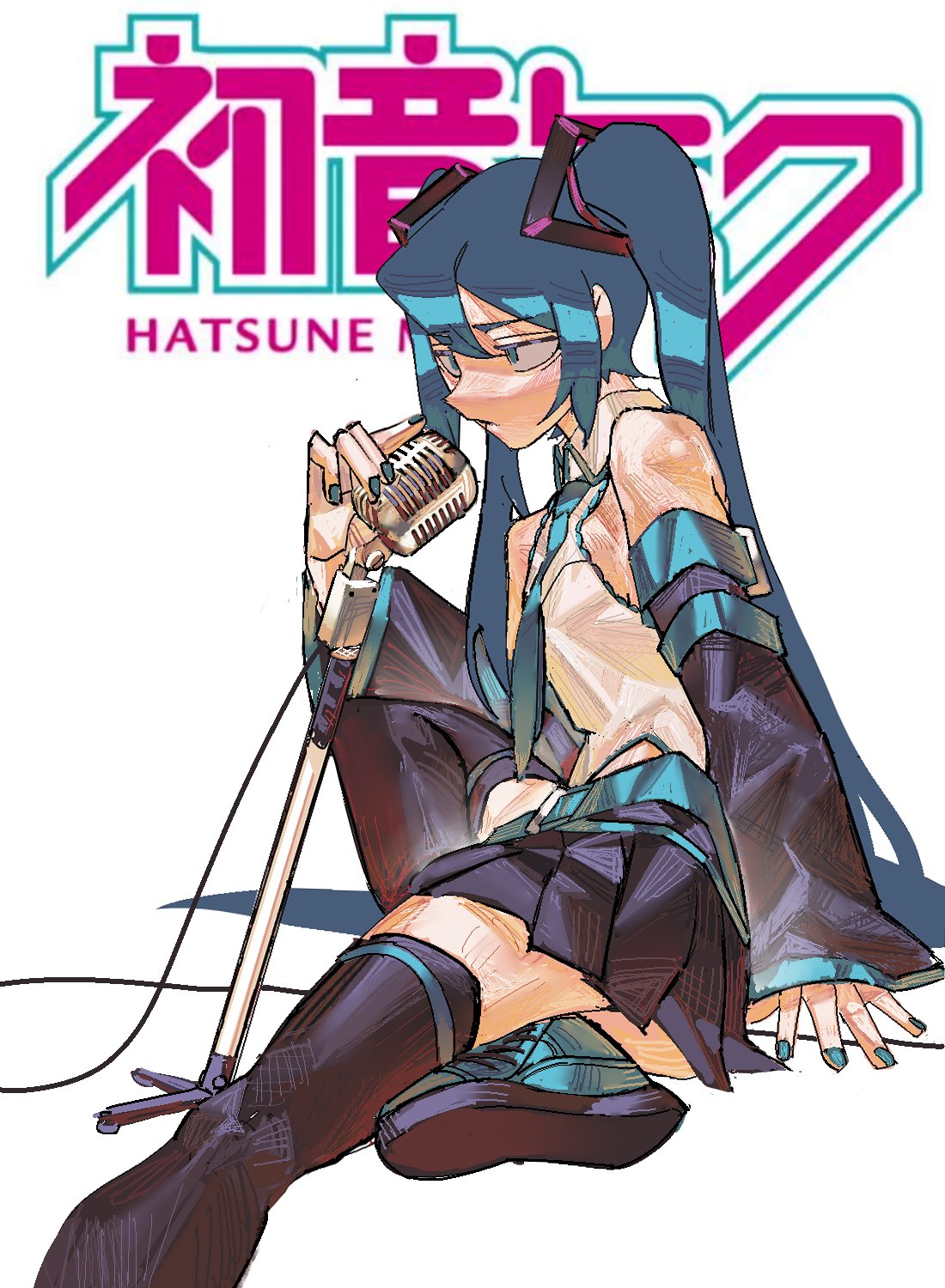 1girl aqua_eyes aqua_footwear aqua_hair belt black_legwear black_skirt black_sleeves breasts cable character_name detached_sleeves fingernails hatsune_miku highres long_hair lying microphone microphone_stand miniskirt necktie on_side shirt shoes sitting skirt sleeveless sleeveless_shirt sleeves_past_wrists small_breasts sneakers solo thigh-highs twintails very_long_hair vocaloid xu_sanchuan