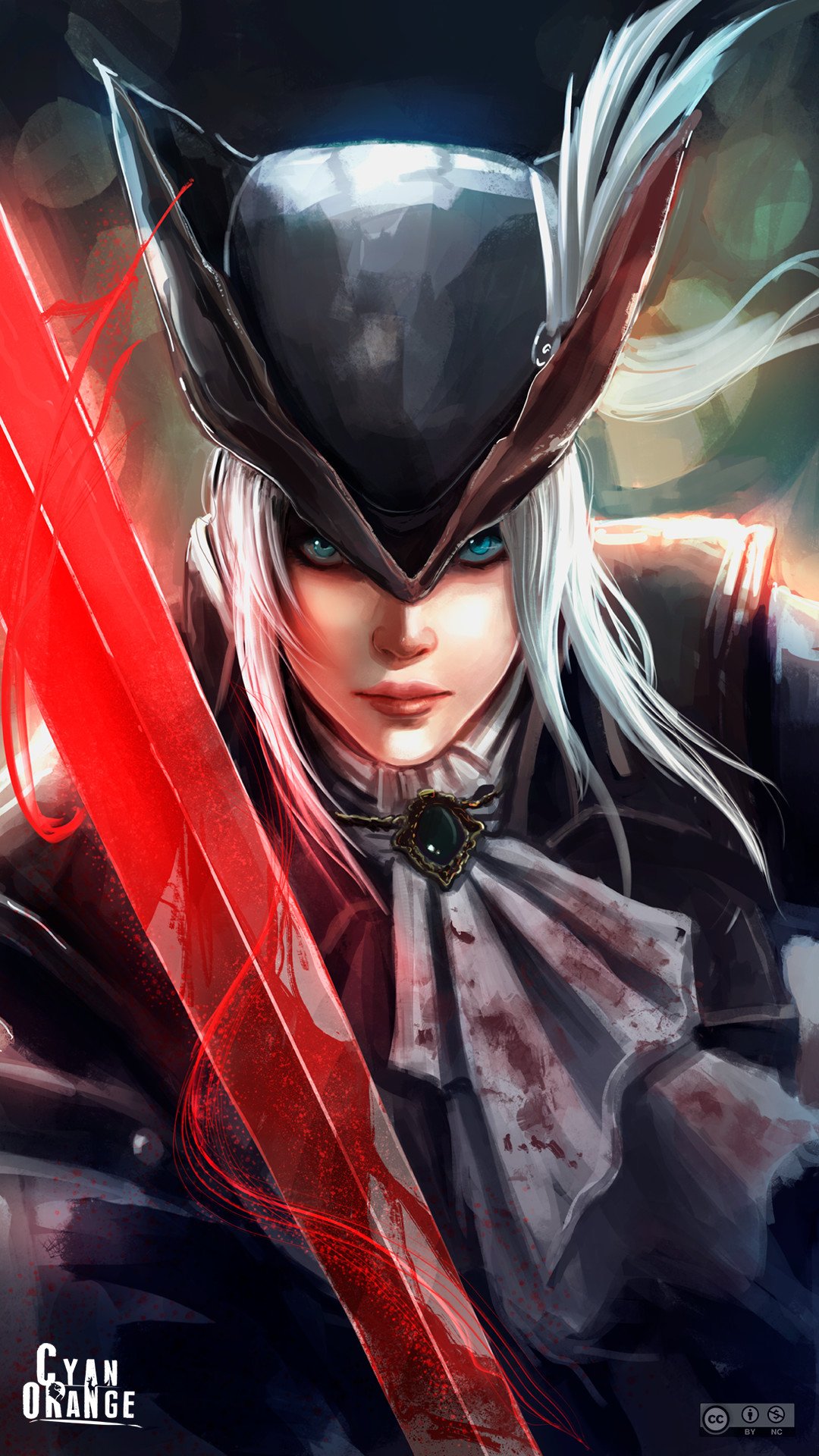 1girl ascot blankarts blood bloodborne bloody_clothes bloody_weapon blue_eyes brooch closed_mouth coat cravat gem hat hat_feather highres jewelry lady_maria_of_the_astral_clocktower lips long_hair looking_at_viewer ponytail smile solo sword the_old_hunters tricorne weapon white_hair
