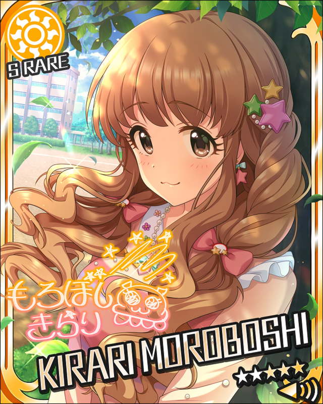 blush brown_eyes brown_hair character_name dress idolmaster idolmaster_shiny_colors long_hair moroboshi_kirari smile stars