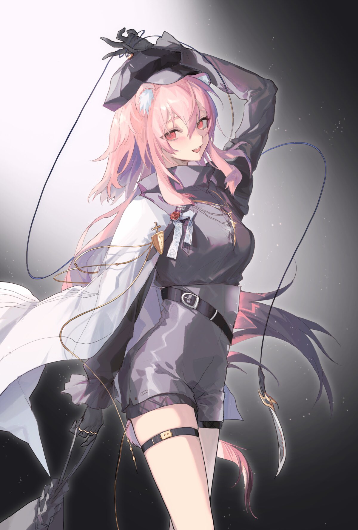1girl :d animal_ear_fluff animal_ears arknights arm_up black_background black_gloves black_headwear black_shorts blush breasts cabbie_hat cape commentary dark_skin dark-skinned_female feet_out_of_frame from_side gloves gradient gradient_background gravel_(arknights) gravel_(model's_night)_(arknights) guardless_sword hat high-waist_shorts highres jewelry long_sleeves looking_at_viewer looking_to_the_side medium_breasts mouse_ears mouse_girl official_alternate_costume open_mouth orange_eyes piano_wire pink_hair ring shorts smile snowcake47 solo thigh_strap white_background white_cape