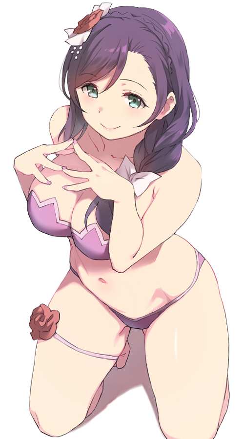 1girl bikini bow braid braided_ponytail breasts closed_mouth deyuuku flower green_eyes hair_bow hair_flower hair_ornament kneeling large_breasts leg_garter long_hair looking_at_viewer love_live! love_live!_school_idol_project navel purple_bikini purple_hair red_flower red_rose rose simple_background smile solo swimsuit toujou_nozomi white_background white_bow