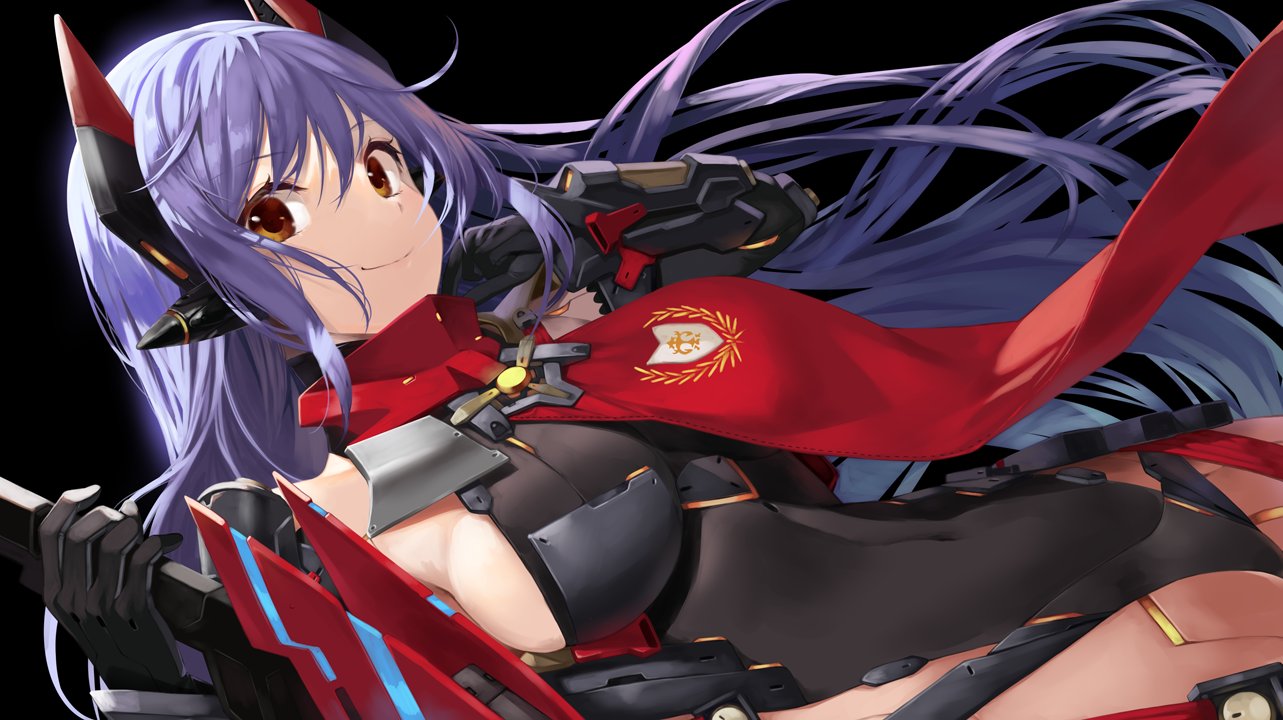 1girl android black_background black_gloves breasts brown_hair commentary commentary_request covered_navel gloves headpiece joints large_breasts leotard long_hair looking_at_viewer poppi_(xenoblade) poppi_qtpi_(xenoblade) purple_hair red_scarf robot_joints scarf sideboob solo sword weapon xenoblade_chronicles_(series) xenoblade_chronicles_2 yappen