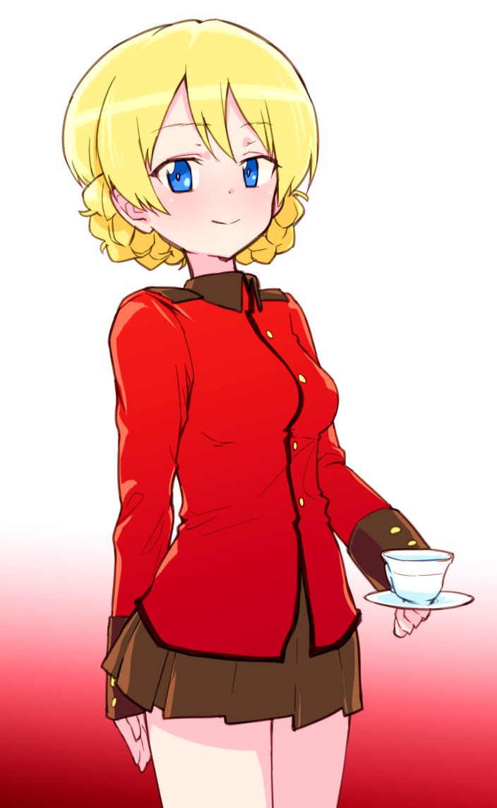 1girl bangs black_skirt blonde_hair blue_eyes braid closed_mouth commentary cowboy_shot cup darjeeling_(girls_und_panzer) girls_und_panzer gradient gradient_background holding holding_saucer jacket long_sleeves looking_at_viewer military military_uniform miniskirt monolith_(suibou_souko) pleated_skirt red_background red_jacket saucer short_hair skirt smile solo st._gloriana's_military_uniform standing teacup tied_hair twin_braids uniform