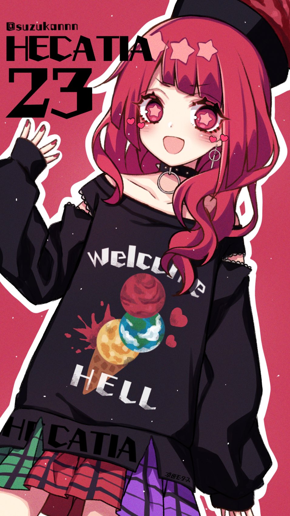 1girl :d arm_up bangs black_headwear black_sweater character_name choker clothes_writing cowboy_shot earrings earth_(planet) eyebrows_visible_through_hair heart hecatia_lapislazuli highres jewelry kyouda_suzuka long_sleeves looking_at_viewer medium_hair moon multicolored multicolored_clothes multicolored_skirt open_mouth plaid plaid_skirt planet polos_crown red_background red_eyes red_nails redhead simple_background skirt sleeves_past_wrists smile solo standing star-shaped_pupils star_(symbol) sweater symbol-shaped_pupils touhou twitter_username v-shaped_eyebrows