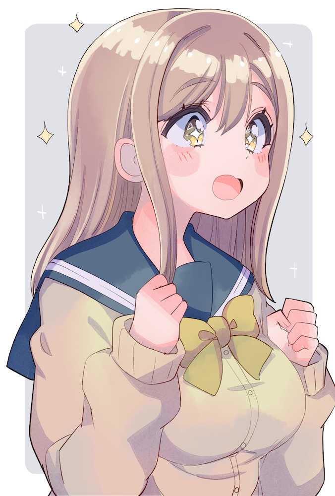 +_+ :d bangs blush_stickers breasts brown_hair cardigan clenched_hands cream_(nipakupa) excited eyebrows_visible_through_hair kunikida_hanamaru large_breasts long_hair love_live! love_live!_sunshine!! open_mouth school_uniform sidelocks smile uranohoshi_school_uniform yellow_cardigan yellow_eyes yellow_neckwear
