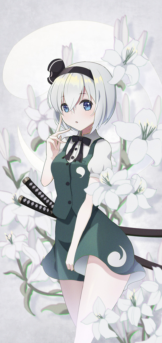 1girl :o blue_eyes bob_cut cowboy_shot flower hibiscus konpaku_youmu looking_at_viewer short_hair silver_hair solo standing thighs touhou white_flower z.o.b