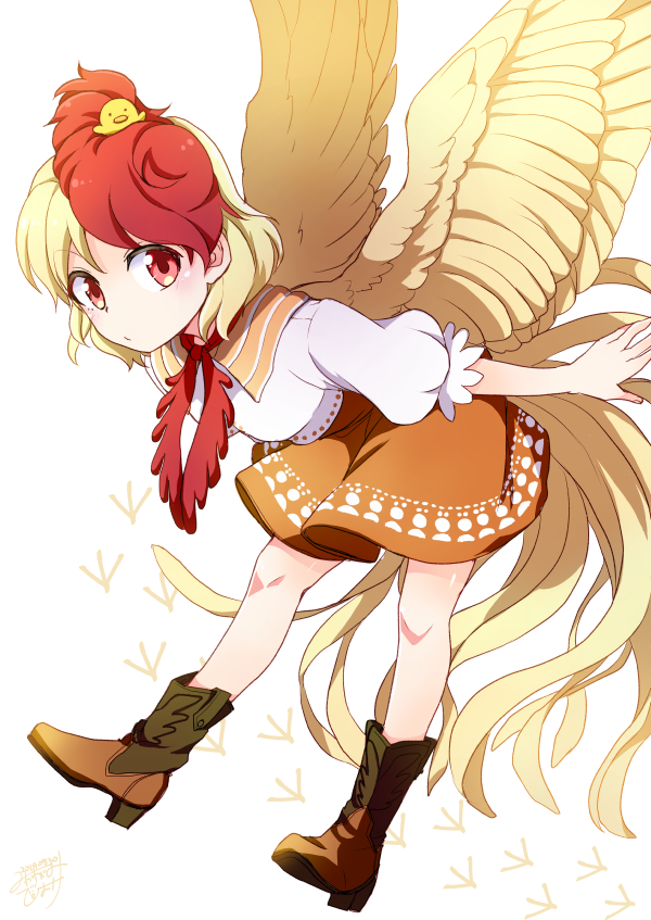 1girl animal_on_head bird bird_on_head boots chick cowboy_boots dated dress full_body leaning_forward looking_at_viewer mikagami_hiyori multicolored_hair neckerchief niwatari_kutaka on_head orange_dress red_eyes red_neckwear short_hair short_sleeves signature simple_background solo tail_feathers touhou two-tone_hair white_background wings yellow_wings