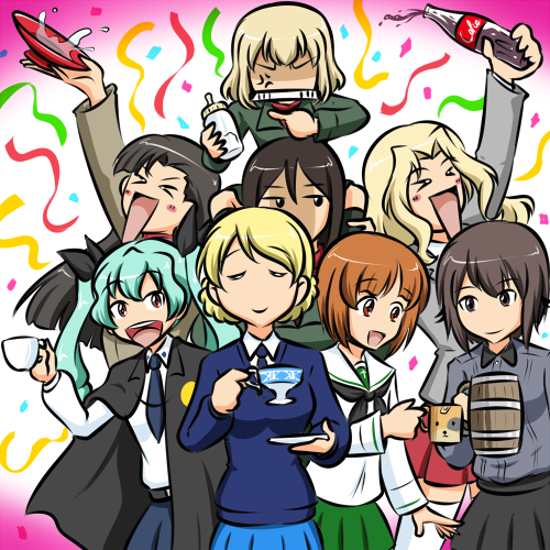 &gt;_&lt; 6+girls :d anchovy_(girls_und_panzer) anger_vein angry animal_print anzio_school_uniform arm_up bangs bear_print beer_mug birthday black_cape black_neckwear black_ribbon black_skirt blazer blonde_hair blouse blue_skirt blue_sweater bob_cut boko_(girls_und_panzer) bottle braid brown_eyes brown_hair cape carrying closed_eyes closed_mouth coca-cola coffee_cup coffee_mug confetti cup darjeeling_(girls_und_panzer) disposable_cup dress_shirt drill_hair facing_viewer frown girls_und_panzer green_hair green_jacket green_skirt grey_jacket grey_shirt grimace hair_intakes hair_ribbon holding holding_bottle holding_cup holding_saucer jacket katyusha_(girls_und_panzer) kay_(girls_und_panzer) kogane_(staygold) kuromorimine_school_uniform long_hair long_sleeves looking_at_another lowres miniskirt mug multiple_girls neckerchief necktie nishi_kinuyo nishizumi_maho nishizumi_miho nonna_(girls_und_panzer) odd_one_out ooarai_school_uniform open_mouth pleated_skirt pravda_school_uniform red_eyes red_shirt red_skirt ribbon sailor_collar sakazuki saucer saunders_school_uniform school_uniform serafuku shirt short_hair shoulder_carry siblings sisters skirt smile soda_bottle spilling st._gloriana's_school_uniform standing streamers sweater teacup thigh-highs tied_hair turtleneck twin_braids twin_drills twintails v-neck white_blouse white_legwear white_sailor_collar white_shirt wing_collar xd