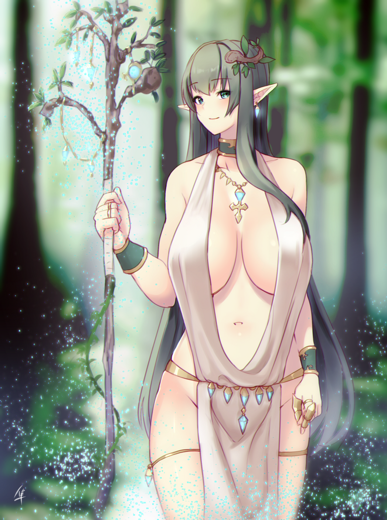 1girl bare_legs bare_thighs bead_belt beads belly big_breasts branch branch_crown branches breasts choker claw_ring cross_necklace crown crystal crystal_belt crystal_earrings crystals cuffs earrings elf elf_ears forest garter_belt gold_belt gold_trim green_eyes green_hair large_breasts leaf_crown loincloth long_hair navel necklace no_bra no_panties pendant pointy_ears quartz_(gemstone) ring staff thick_thighs thighs tree_branch trees turquoise_(gemstone) walking_stick white_dress wrist_cuffs