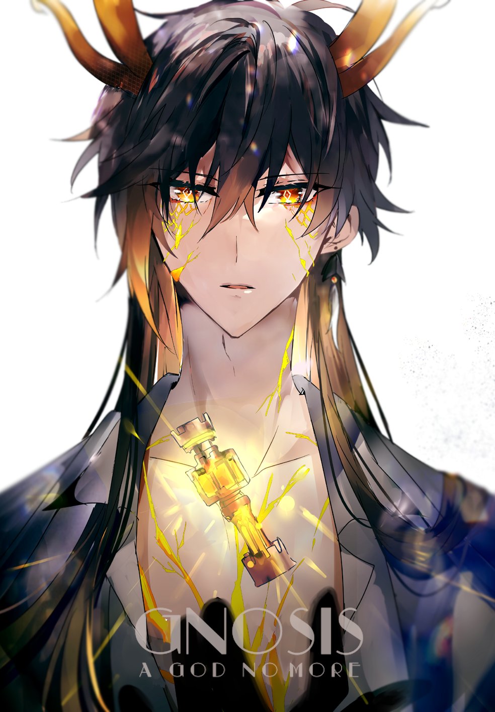 1boy bangs black_hair brown_hair collarbone collared_shirt cracked_skin dragon_horns earrings english_text eyeliner floating floating_object genshin_impact glowing gnosis_(genshin_impact) gradient_hair hair_between_eyes highres horns jacket jewelry long_hair looking_at_viewer makeup male_focus multicolored_hair open_mouth orange_hair ruu_gi shirt simple_background single_earring solo tassel tassel_earrings white_background yellow_eyes zhongli_(genshin_impact)