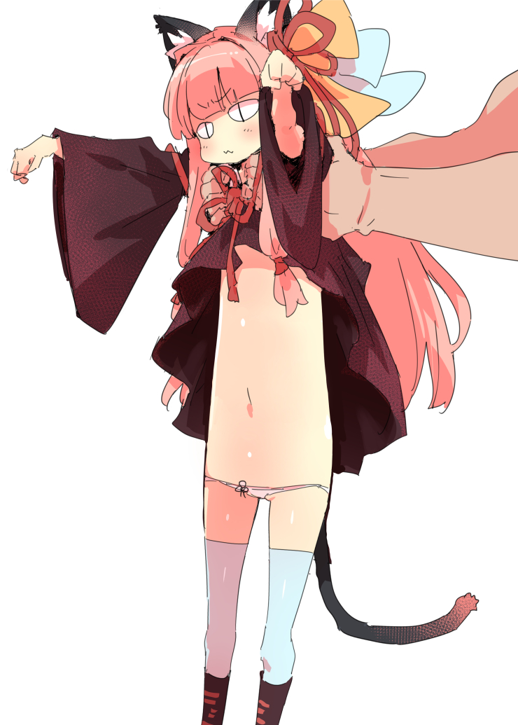 1girl 3: animal_ear_fluff animal_ears bangs black_dress black_footwear black_tail blue_bow blunt_bangs boots bow cat_ears detached_sleeves dress dress_lift flat_chest hair_ornament hair_ribbon kotonoha_akane lifting_person long_hair long_sleeves longcat navel neck_ribbon outstretched_arms panties petenshi_(dr._vermilion) pink_hair red_ribbon ribbon sidelocks simple_background slit_pupils thigh-highs underwear very_long_hair voiceroid white_background white_legwear wide_sleeves yellow_bow