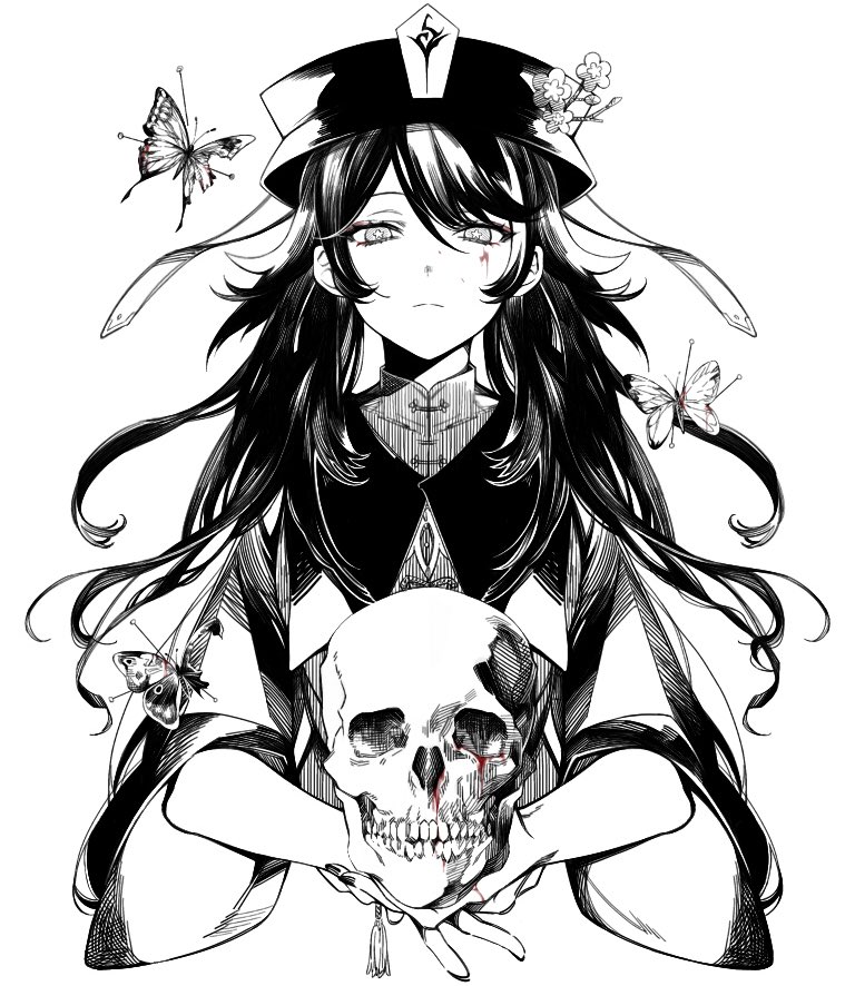 1girl bangs blood blood_on_face bug butterfly closed_mouth cropped_torso flower flower-shaped_pupils genshin_impact greyscale hair_between_eyes hat hat_flower holding holding_skull hu_tao insect lebruitestmoi long_hair monochrome nail_polish plum_blossoms sidelocks simple_background skull spot_color tassel upper_body
