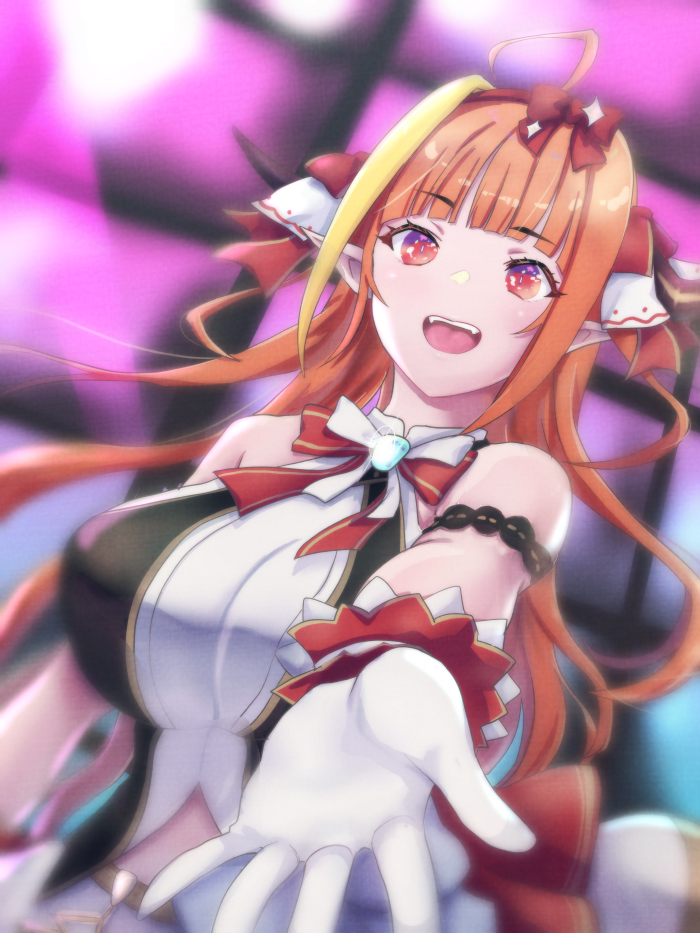 1girl :d ahoge armlet bare_shoulders beckoning bow bowtie dragon_horns eyebrows_visible_through_hair fangs gloves hairband highlights hololive horn_ornament horn_ribbon horns idol idol_clothes kiryu_coco kyou_fumei long_hair looking_at_viewer multicolored_hair nonstop_story open_mouth orange_hair pointy_ears reaching_out red_eyes red_neckwear ribbon sleeveless smile solo stage upper_body virtual_youtuber white_gloves