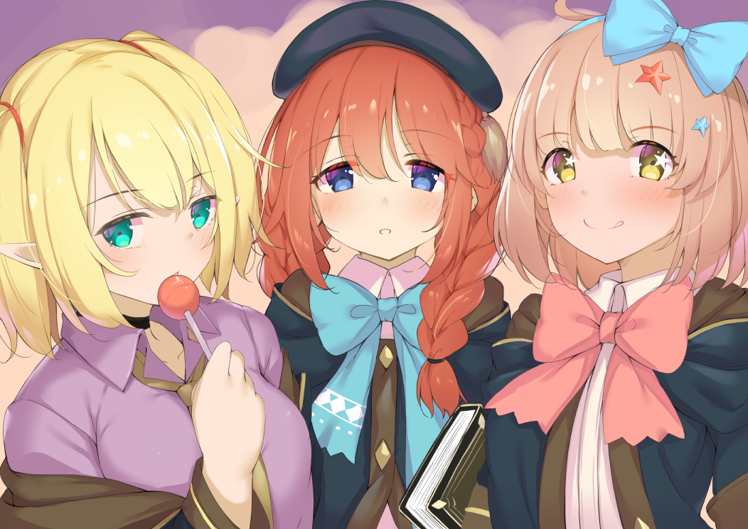 3girls :q ahoge bangs beret black_headwear blonde_hair blue_bow blue_eyes blush bow bowtie braid brown_hair brown_jacket brown_neckwear candy chieru_(princess_connect!) chloe_(princess_connect!) closed_mouth collared_shirt commentary_request eyebrows_visible_through_hair food green_eyes hair_between_eyes hair_bow hair_ornament hairband hat jacket lollipop long_hair long_sleeves looking_at_viewer multiple_girls necktie open_mouth pink_bow pink_neckwear piyodesu pointy_ears princess_connect! princess_connect!_re:dive purple_shirt redhead shirt short_hair smile star_(symbol) star_hair_ornament tongue tongue_out twin_braids twintails upper_body yellow_eyes yuni_(princess_connect!)
