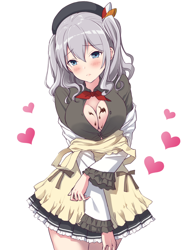 1girl apron bangs beret black_footwear blue_eyes blush breasts button_gap chocolate chocolate_on_breasts closed_mouth eyebrows_visible_through_hair frilled_skirt frills grey_hair grey_shirt hair_between_eyes hat heart kantai_collection kashima_(kancolle) large_breasts long_hair long_sleeves off_shoulder red_neckwear shirt simple_background skirt solo twintails u0709 wavy_hair white_background yellow_apron