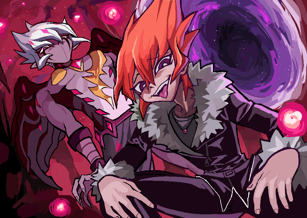 2boys colored_skin dual_persona evil_smile jacket jewelry leather leather_jacket male_focus multiple_boys nato_(maanguito) necklace no_mouth orange_hair purple_skin shingetsu_rei sideburns smile spiky_hair squatting tongue tongue_out vector_(yu-gi-oh!) violet_eyes white_hair yu-gi-oh! yu-gi-oh!_zexal