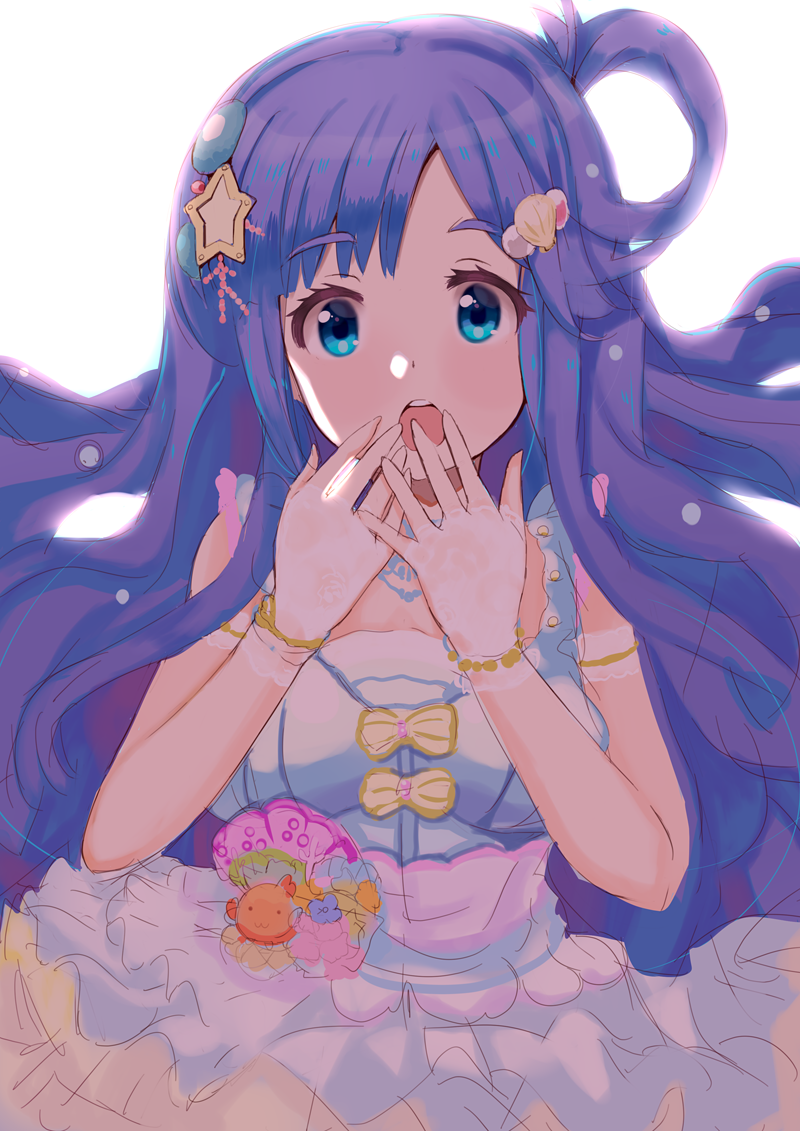 1girl :3 :o armlet asari_nanami asymmetrical_bangs bangs bare_shoulders blue_eyes blue_hair blurry bokeh bow breasts coral_hair_ornament covering_mouth depth_of_field dress dress_bow fingerless_gloves frilled_dress frills gasp gloves hair_ornament hair_rings hand_over_own_mouth idol idolmaster idolmaster_cinderella_girls idolmaster_cinderella_girls_starlight_stage katsuto lace lace_gloves large_breasts long_hair looking_at_viewer open_mouth parted_bangs pouch round_teeth seashell shadow shell shell_hair_ornament simple_background sketch solo spaghetti_strap star_(symbol) star_hair_ornament stuffed_animal stuffed_fish stuffed_toy teeth thick_eyebrows upper_body upper_teeth white_background white_dress yellow_bow