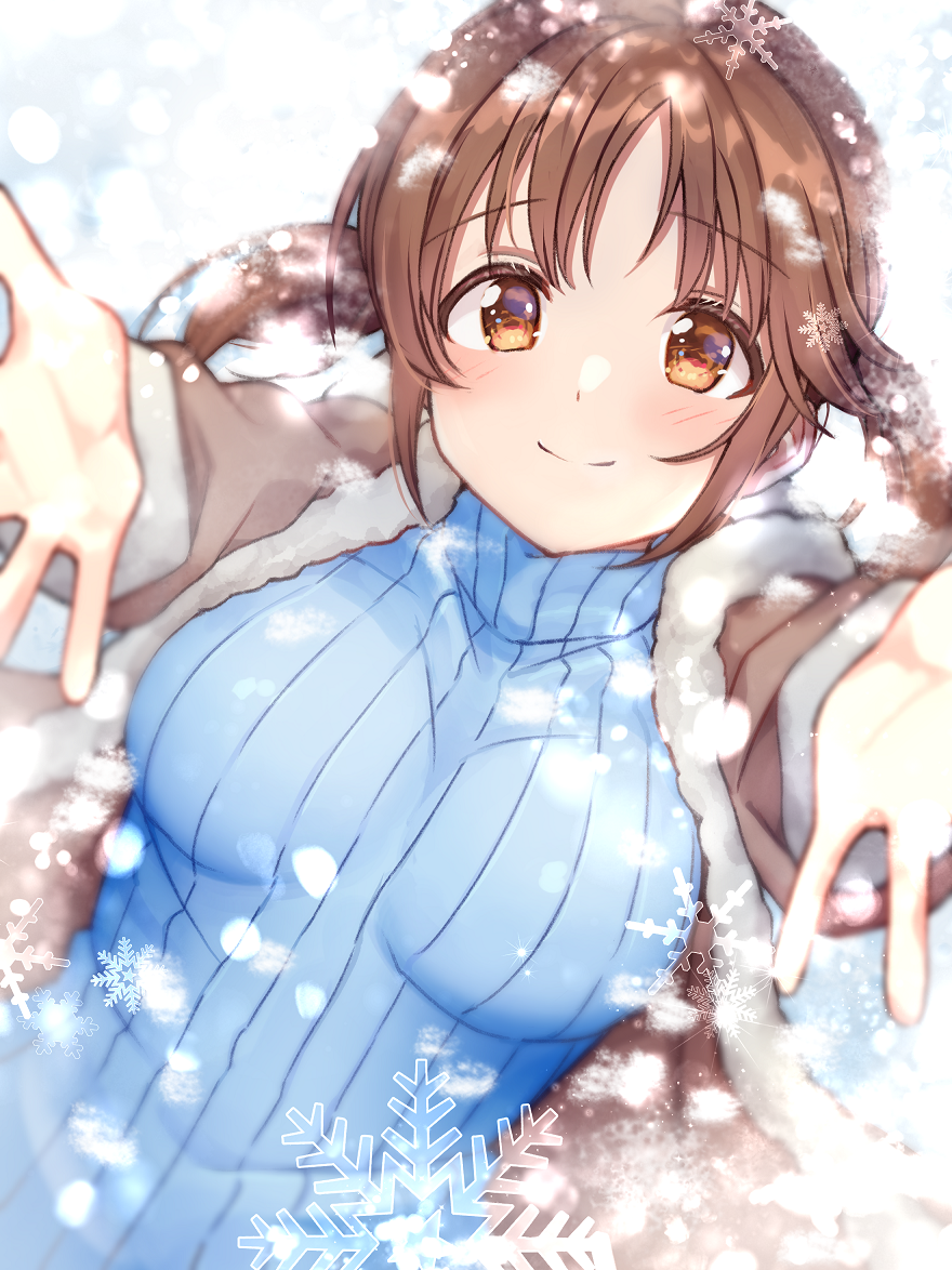 1girl bangs blue_sweater breasts brown_coat brown_eyes brown_hair capelet closed_mouth coat eyebrows_visible_through_hair fur-trimmed_capelet fur_trim idolmaster idolmaster_cinderella_girls incoming_hug large_breasts looking_at_viewer reaching_out reflective_eyes ribbed_sweater shiitake_taishi short_hair smile snowflakes solo sweater totoki_airi turtleneck turtleneck_sweater twintails