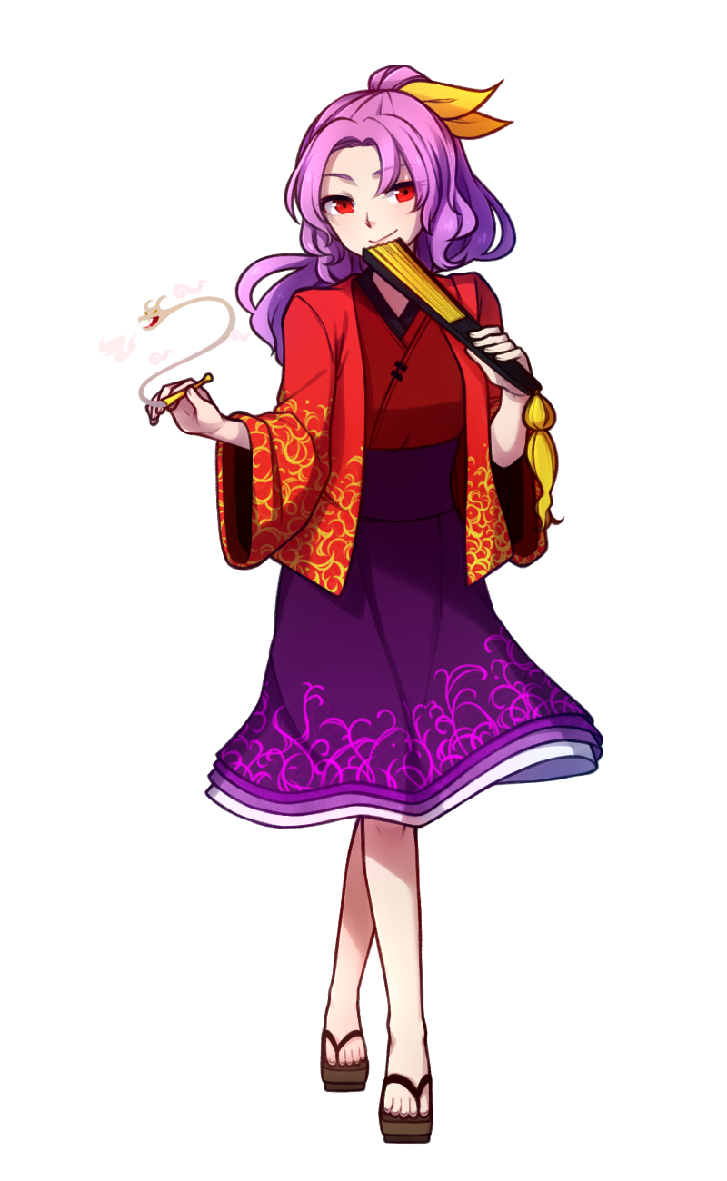 1girl commentary english_commentary fan folding_fan full_body geta hair_ribbon highres holding holding_fan komakusa_sannyo long_hair long_sleeves looking_at_viewer ponytail purple_hair purple_skirt red_eyes red_shirt ribbon shirt skirt smile solo speckticuls standing touhou transparent_background wide_sleeves yellow_ribbon