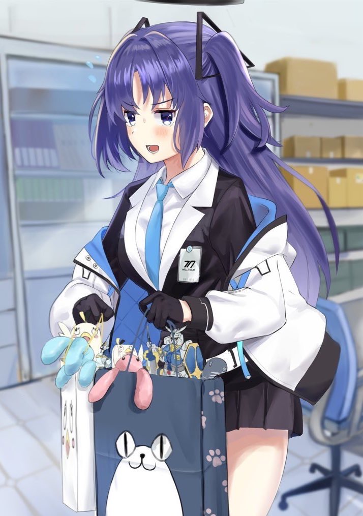 1girl bag black_gloves blue_archive blurry blurry_background box commentary_request figure gloves gundam hair_ornament id_card jacket kongonarika_(harunari128) long_hair looking_at_viewer necktie paper_bag purple_hair solo twintails two_side_up violet_eyes yuuka_(blue_archive)