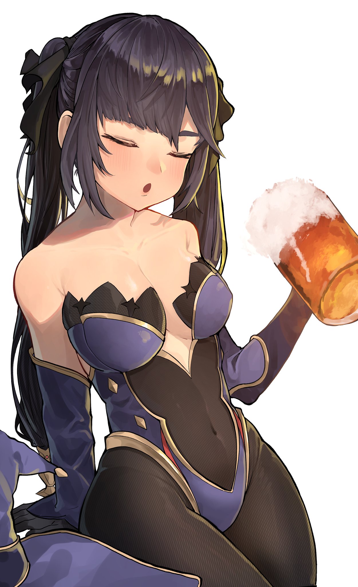 1girl alcohol bangs bare_shoulders beer beer_mug black_gloves black_hair black_legwear black_ribbon breasts closed_eyes collarbone commentary covered_navel cup detached_sleeves eungi genshin_impact gloves hair_ribbon hand_up hat hat_removed headwear_removed highres holding holding_cup leotard light_blush medium_breasts mona_(genshin_impact) mug purple_headwear purple_leotard ribbon shiny shiny_hair simple_background solo strapless strapless_leotard white_background witch_hat