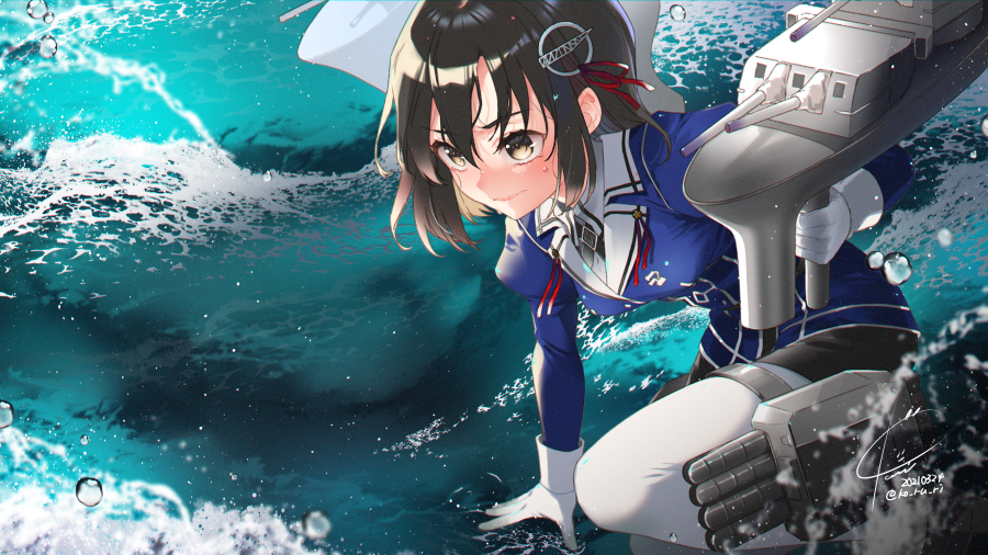 1girl black_hair black_skirt blush brown_eyes closed_mouth dated gloves haguro_(kancolle) hair_ornament jacket juliet_sleeves kantai_collection koruri long_sleeves machinery military military_uniform ocean pantyhose pencil_skirt puffy_sleeves purple_jacket remodel_(kantai_collection) rigging short_hair signature skirt solo standing standing_on_liquid turret twitter_username uniform white_gloves white_legwear