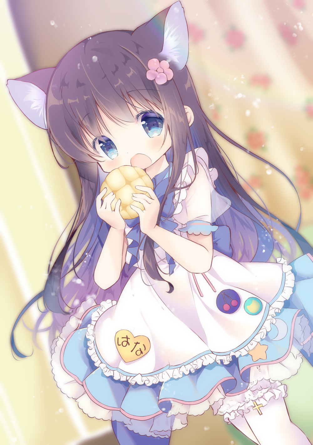 1girl animal_ear_fluff animal_ears apron bangs black_hair blue_eyes blue_skirt blurry blurry_background blush bread commentary_request depth_of_field dutch_angle eyebrows_visible_through_hair flower food food_print frilled_apron frills fukaya_rin hair_flower hair_ornament hands_up highres holding holding_food indoors kemonomimi_mode long_hair looking_at_viewer open_mouth pink_flower pleated_skirt puffy_short_sleeves puffy_sleeves see-through see-through_sleeves shirosaki_hana short_sleeves skirt solo standing strawberry_print thigh-highs very_long_hair watashi_ni_tenshi_ga_maiorita! white_apron white_legwear