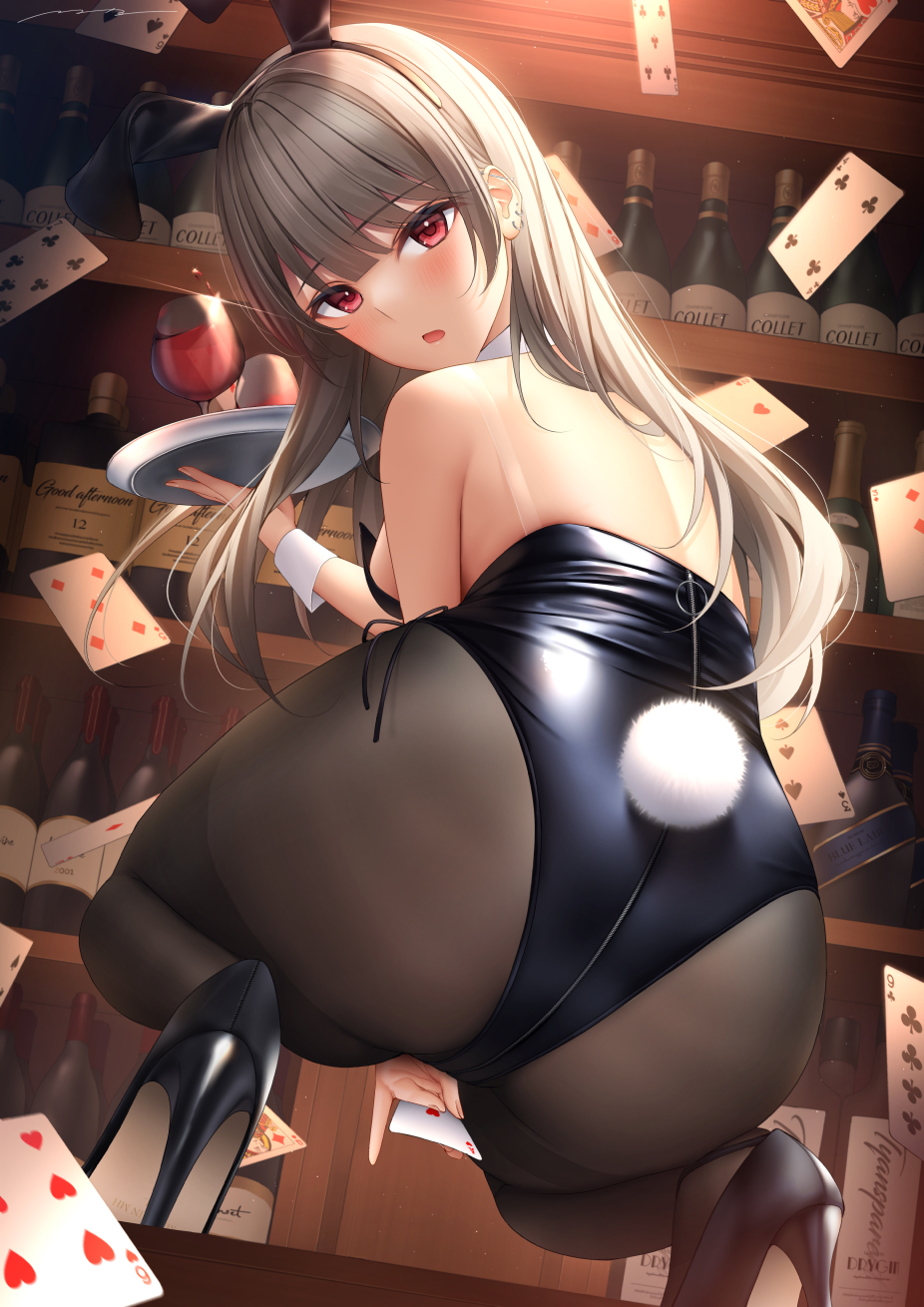 1girl :o ace_of_hearts alcohol animal_ears ass bangs bar bare_back bare_shoulders black_legwear black_leotard blunt_bangs blush bottle breasts bunny_tail card club_(shape) cup detached_collar diamond_(shape) drinking_glass ear_piercing eyebrows_visible_through_hair fake_animal_ears fake_tail five_of_clubs five_of_diamonds five_of_spades four_of_clubs grey_hair heart high_heels highres holding holding_card holding_tray jack_of_hearts leotard long_hair looking_at_viewer looking_back mhru nail_polish nine_of_clubs open_mouth original pantyhose piercing playboy_bunny playing_card queen_of_diamonds rabbit_ears red_eyes seven_of_clubs shelf side-tie_leotard sideboob signature six_of_hearts sleeveless solo spade_(shape) squatting tail thighband_pantyhose three_of_diamonds three_of_spades tray two_of_hearts wine wine_bottle wine_glass wrist_cuffs zipper_pull_tab