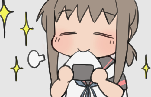 1girl black_sailor_collar brown_hair closed_eyes commentary_request eating ergot food fubuki_(kancolle) grey_background kantai_collection long_hair low_ponytail lowres onigiri ponytail remodel_(kantai_collection) sailor_collar short_ponytail sidelocks simple_background solo upper_body