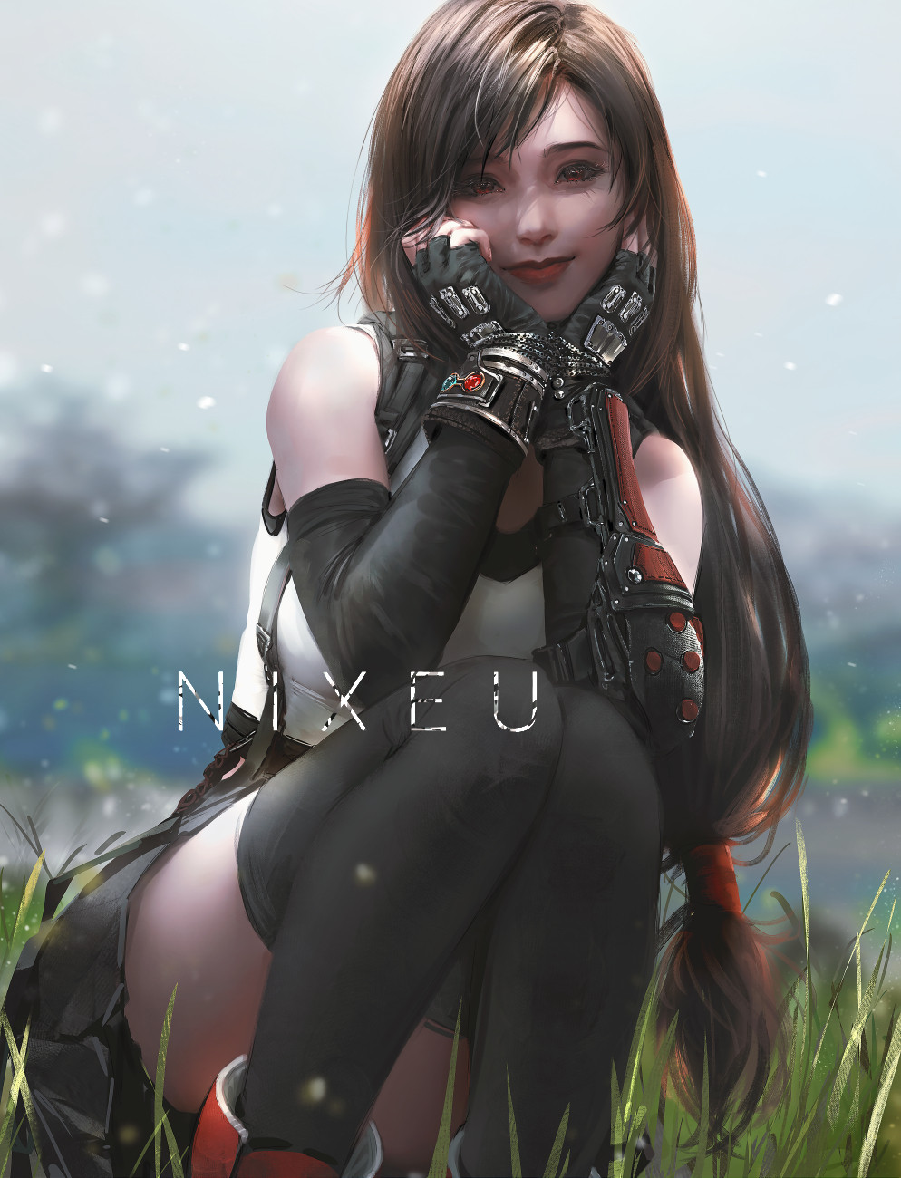 1girl arm_guards bare_shoulders black_gloves black_legwear black_skirt blurry blurry_background brown_eyes brown_hair elbow_gloves final_fantasy final_fantasy_vii final_fantasy_vii_remake fingerless_gloves gloves grass hands_on_own_cheeks hands_on_own_face highres long_hair low-tied_long_hair low_tied_hair md5_mismatch miniskirt nixeu outdoors painting pleated_skirt red_footwear shirt skirt smile squatting suspender_skirt suspenders tank_top taut_clothes taut_shirt thigh-highs thighs tifa_lockhart