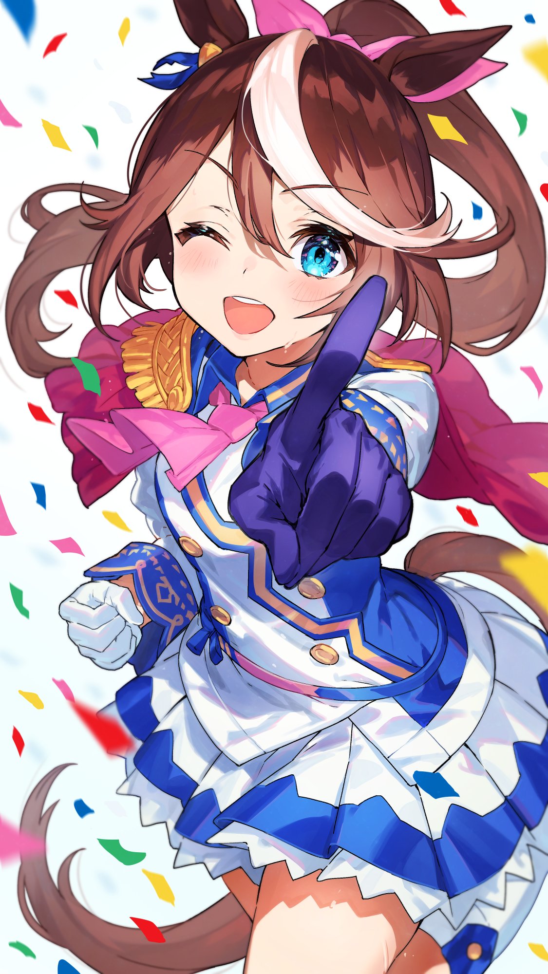 1girl ;d animal_ears brown_hair commentary_request epaulettes gloves hair_between_eyes hair_ribbon highres horse_ears horse_girl horse_tail long_hair looking_at_viewer mika_pikazo mismatched_gloves multicolored_hair one_eye_closed open_mouth pink_ribbon purple_gloves ribbon skirt smile streaked_hair tail thighs tokai_teio umamusume white_gloves white_hair