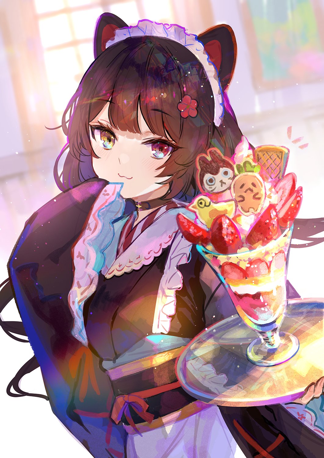 1girl :3 animal_ears apron bangs black_collar black_kimono breasts brown_hair collar dog_ears dog_girl eyebrows_visible_through_hair flower food fuzichoco hair_flower hair_ornament heterochromia highres holding holding_tray inui_toko japanese_clothes kimono long_hair long_sleeves looking_at_viewer maid_headdress medium_breasts nijisanji obi sash sleeves_past_fingers sleeves_past_wrists smile solo tray virtual_youtuber wa_maid waist_apron white_apron wide_sleeves yellow_eyes