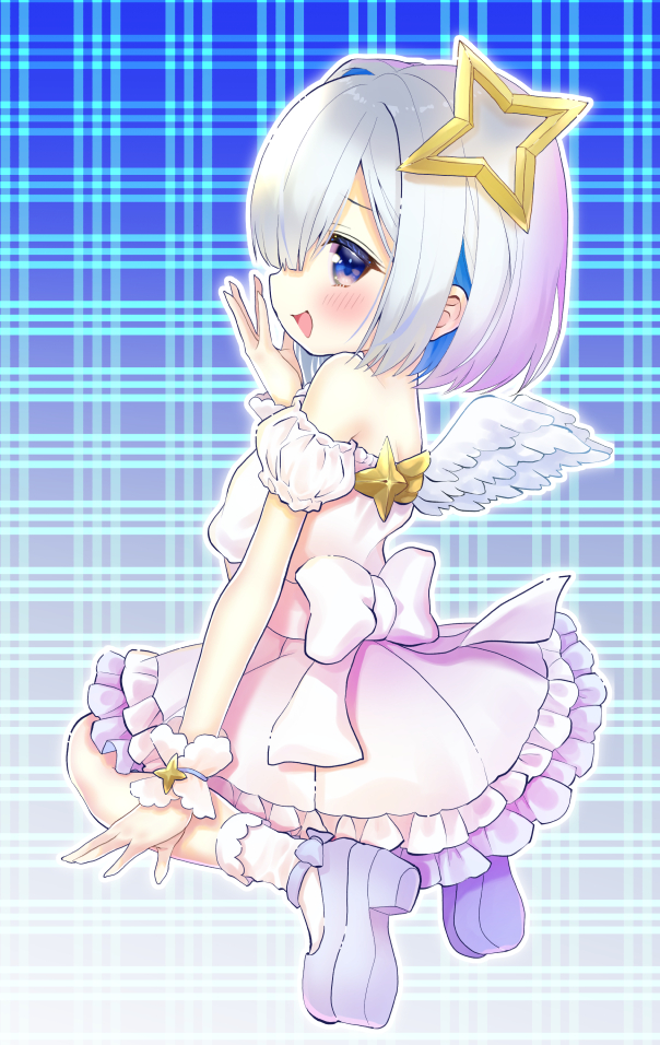 1girl :d amane_kanata angel angel_wings asymmetrical_hair bare_shoulders blue_hair blush bob_cut bow_dress chocomarybadend dress feathered_wings from_behind from_side gradient_eyes halo hand_to_own_mouth hololive looking_at_viewer mini_wings multicolored multicolored_eyes off-shoulder_dress off_shoulder open_mouth pink_dress pink_hair seiza short_dress short_hair silver_hair single_hair_intake sitting smile socks solo star_halo violet_eyes virtual_youtuber white_wings wings wrist_cuffs