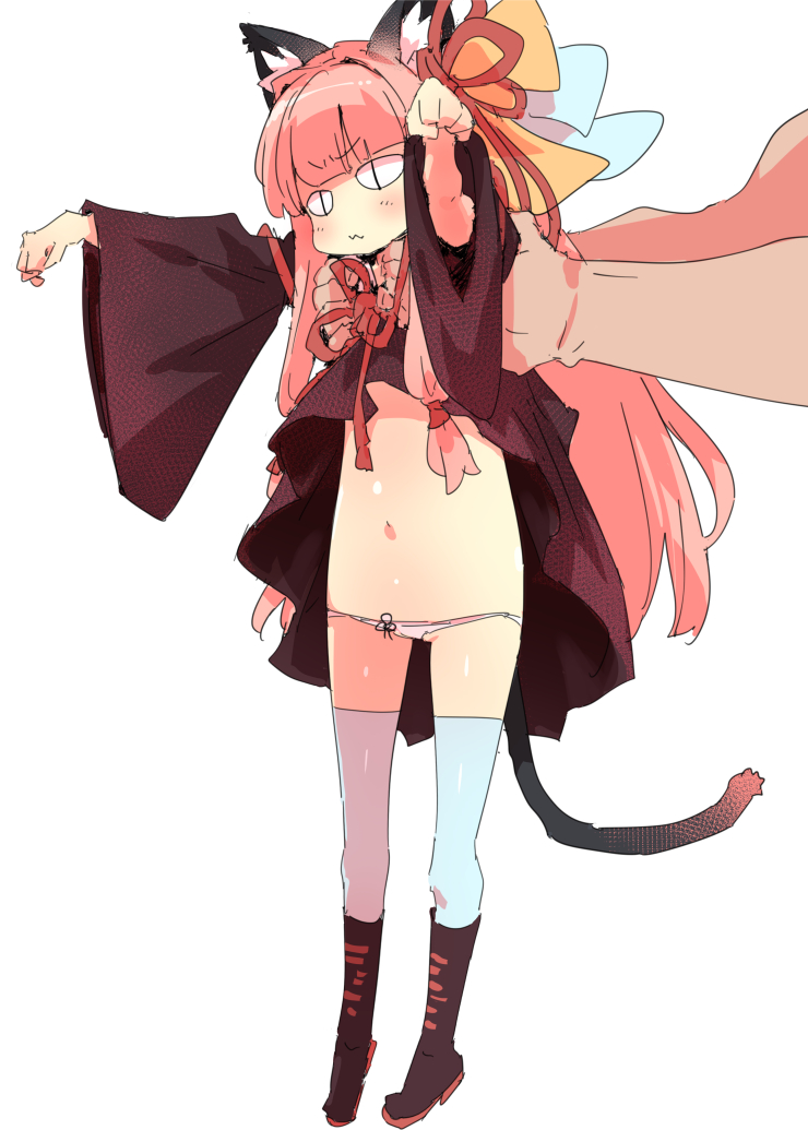 1girl 3: animal_ear_fluff animal_ears bangs black_dress black_footwear black_tail blue_bow blunt_bangs boots bow cat_ears detached_sleeves dress dress_lift flat_chest hair_ornament hair_ribbon knee_boots kotonoha_akane lifting_person long_hair long_sleeves longcat navel neck_ribbon outstretched_arms panties petenshi_(dr._vermilion) pink_hair red_ribbon ribbon sidelocks simple_background slit_pupils thigh-highs underwear very_long_hair voiceroid white_background white_legwear wide_sleeves yellow_bow