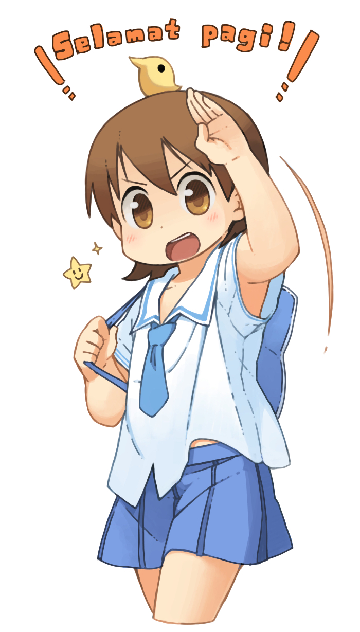 1girl aioi_yuuko arm_up backpack bag bangs blue_bag blue_skirt blush brown_eyes brown_hair collared_shirt commentary_request highres holding_strap indonesian_text looking_at_viewer nichijou nishimura_(prism_engine) open_mouth pleated_skirt school_uniform shirt short_sleeves simple_background skirt sparkle star_(symbol) teeth tongue white_background white_shirt