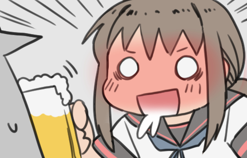 1girl alcohol beer beer_mug black_sailor_collar brown_hair cup drooling drunk english_commentary ergot fubuki_(kancolle) grey_background kantai_collection long_hair low_ponytail lowres mug o_o open_mouth ponytail remodel_(kantai_collection) sailor_collar saliva short_ponytail sidelocks simple_background solo upper_body