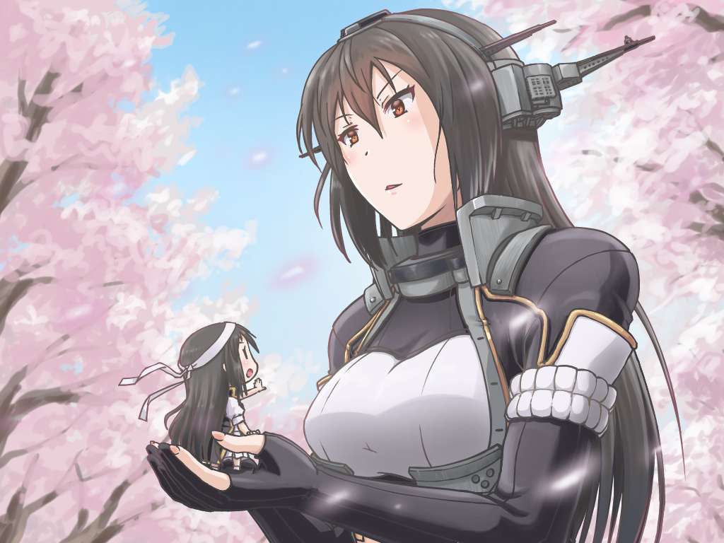 2girls black_gloves black_hair cherry_blossoms day elbow_gloves fairy_(kancolle) gloves headgear kantai_collection long_hair minigirl multiple_girls nagato_(kancolle) outdoors partially_fingerless_gloves petals red_eyes remodel_(kantai_collection) sir_ichirou size_difference spring_(season) tree