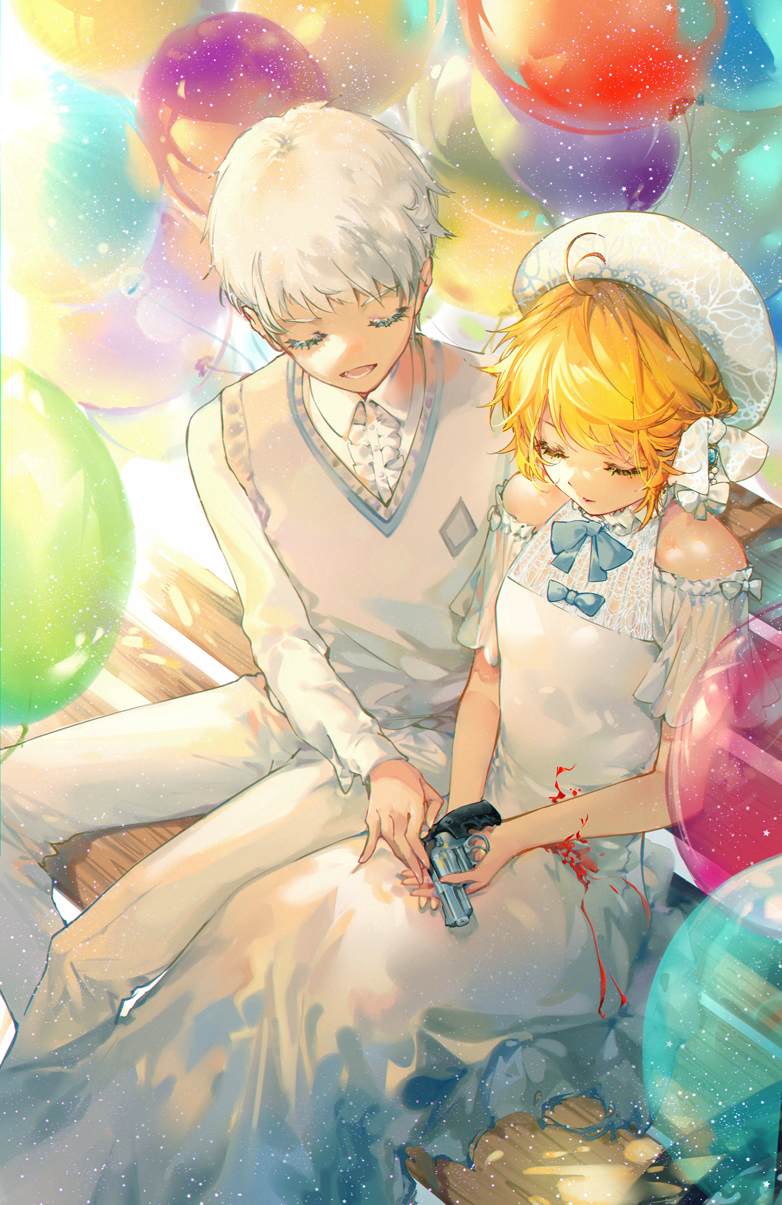1boy 1girl ahoge balloon bare_shoulders bench beret blood bloody_clothes blue_neckwear bow bowtie closed_eyes commentary dress emma_(yakusoku_no_neverland) eyelashes floral_print gun gun_in_lap hat highres holding holding_gun holding_weapon kinokohime long_sleeves looking_down lower_teeth mixed-language_commentary norman_(yakusoku_no_neverland) open_mouth orange_hair pants park_bench parted_lips revolver sheer_clothes shirt short_hair sweater_vest wavy_hair weapon white_dress white_hair white_headwear white_pants white_shirt yakusoku_no_neverland