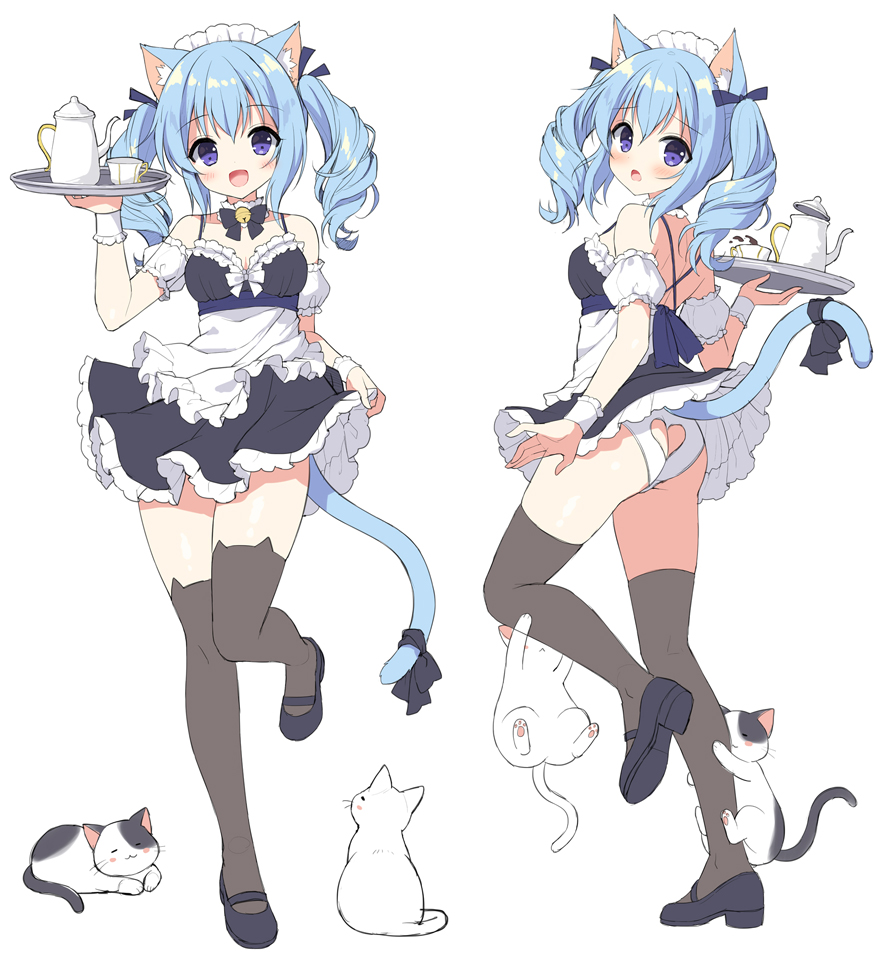 1girl :d :o animal animal_ear_fluff animal_ear_legwear animal_ears apron ass_cutout bangs bare_shoulders black_dress black_footwear blue_hair blush brown_legwear cat cat_ear_legwear cat_ears cat_girl cat_tail clothing_cutout cup detached_sleeves dress eyebrows_visible_through_hair hair_between_eyes heart_cutout holding holding_tray maid maid_headdress mauve multiple_views open_mouth original panties puffy_short_sleeves puffy_sleeves shoe_soles shoes short_sleeves sleeveless sleeveless_dress smile standing standing_on_one_leg tail teacup teapot thigh-highs tray twintails underwear violet_eyes waist_apron white_apron white_cat white_panties white_sleeves wrist_cuffs